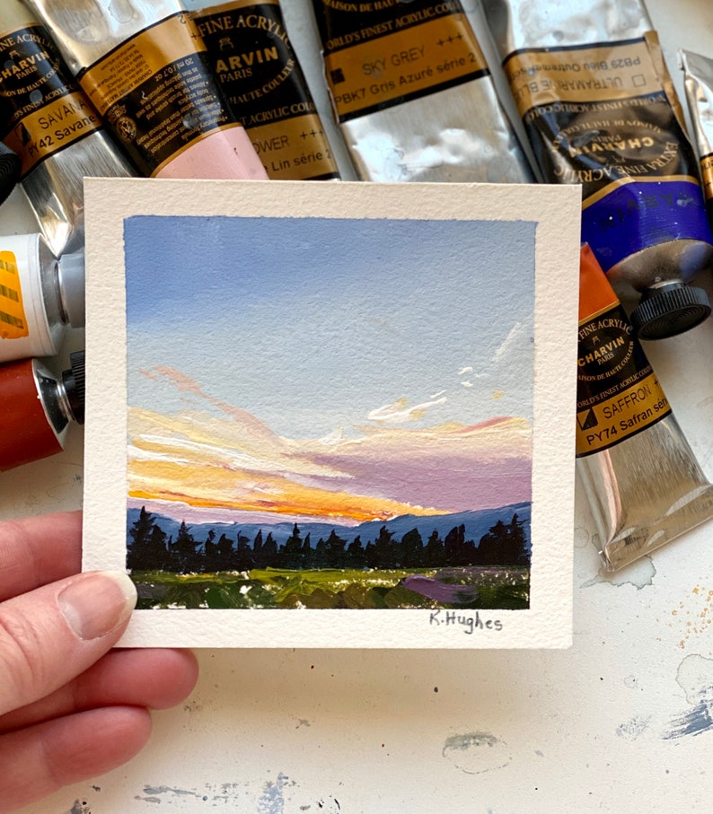 Small original sunset brilliant yellow colored sky painting on paper, pink and orange evening acrylic landscape, setting sun painting. image 3
