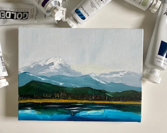 Original mountain small landscape acrylic, river art, modern winter foggy acrylic painting on canvas.  Peaceful art.