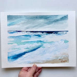 Ocean mix media painting, calming watercolor/acrylic, stromy, waves beach painting on watercolor paper.