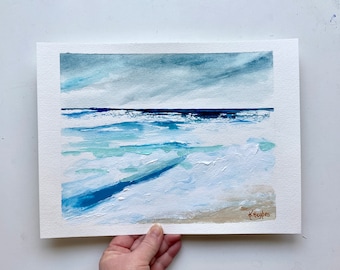 Ocean mix media painting, calming watercolor/acrylic, stromy, waves beach painting on watercolor paper.