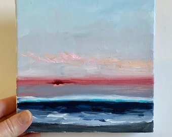 Ocean Sunset original acrylic painting, pink setting sun,small sky art, ocean, nature, water scene, red setting sun beach painting on canvas