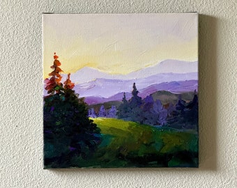 Original sunset Acrylic purple mountain landscape, contemporary home decor, dramatic yellow sky on canvas, sun lite trees.