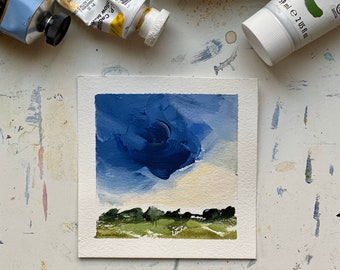 Original early morning dramatic sky mini painting on paper, dark and moody sunrise light acrylic landscape, sky painting.