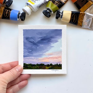 Tiny Original sunrise incoming stormy painting on paper, dark and moody rising sun acrylic landscape home decor, sky painter, peaceful art. image 1