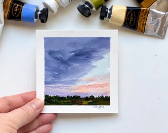 Tiny Original sunrise incoming stormy painting on paper, dark and moody rising sun acrylic landscape home decor, sky painter, peaceful art.