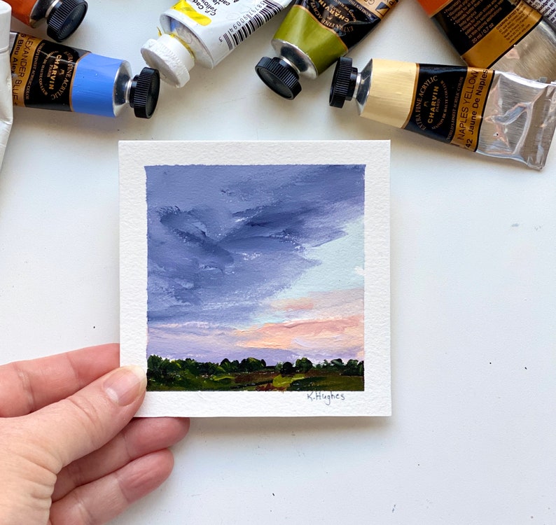 Tiny Original sunrise incoming stormy painting on paper, dark and moody rising sun acrylic landscape home decor, sky painter, peaceful art. image 1