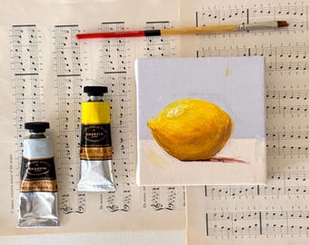 Original lemon still life mini acrylic painting on canvas, artwork for kitchen/cafe/restaurant, fruit art, yellow art, gift for her/him