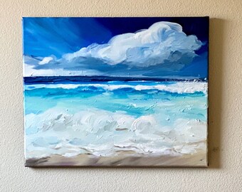 Abstract crashing waves acrylic, original peaceful beach painting, calming nurery art, incoming storms painting on canvas, calming anxiety