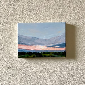 Original cloudy and pink sunrise acrylic landscape, sky painting, serene art, field acrylic painting on canvas. Cottage decor.