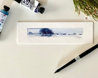 Original landscape tree watercolor, mini tree, monochromatic painting, moonlight landscape art on paper, a moody atmospheric art