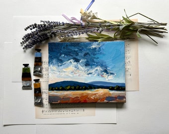 Original abstract stormy sunset landscape acrylic, yellow meadow painting, modern sky/cloud, field acrylic painting on canvas.