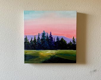 Hand painted acrylic sunrise colorful trees landscape original woodland spruce pine artwork turquoise forest nature inspired wall decor
