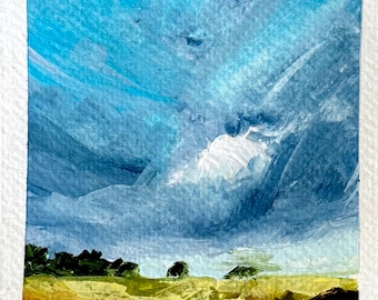 Original morning stormy painting on watercolor paper sunrise cloudy wall art sunrise cloudy skyscape painting modern farmhouse decor