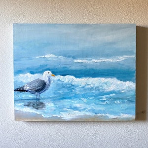 Abstract seagull original oil painting, ocean beach painting, calming nurery art, image 1