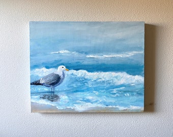 Abstract seagull original oil painting, ocean beach painting, calming nurery art,