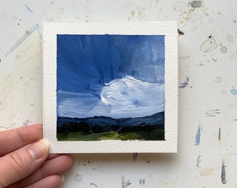 Original tiny 4” x 4” rainy morning acrylic on paper, dramatic dark and moody cloudy sky landscape painting, sky painter.