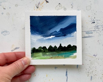 Original dramatic stormy cloudy mini painting on paper, and dark and moody sunset acrylic landscape, sky painter, peaceful art.