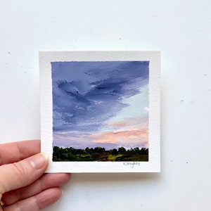 Tiny Original sunrise incoming stormy painting on paper, dark and moody rising sun acrylic landscape home decor, sky painter, peaceful art. image 3