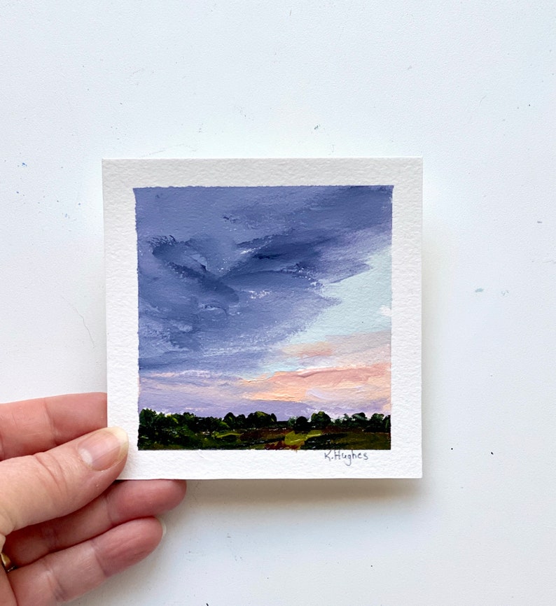 Tiny Original sunrise incoming stormy painting on paper, dark and moody rising sun acrylic landscape home decor, sky painter, peaceful art. image 3