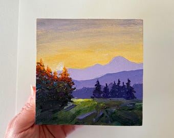Glowing yellow sky sunset original acrylic landscape, colorful trees, contemporary home decor
