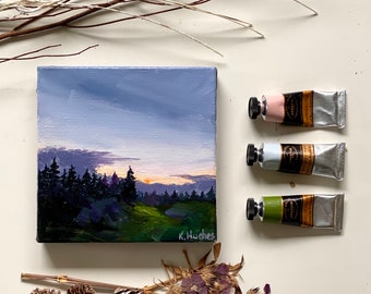 Sunrise dramatic purple sky against a green grassy meadow, original stormy clouds acrylic landscape, sky painter, field painting.
