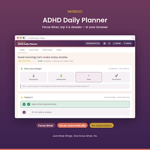 Può includere: Un'interfaccia digitale per il pianificatore giornaliero Muselio ADHD visualizzata in una finestra del browser. Lo schermo mostra una dashboard con sezioni per i livelli di energia, un elenco di attività giornaliere e schede di navigazione.