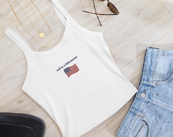 Embroidered WTF is a Kilometer Tank Top | USA Flag Y2K Baby Tee