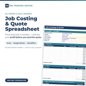 May include: A digital job costing and quote spreadsheet template for Excel, Google Sheets, and LibreOffice. The document features sections for business details, materials, labour, and other costs, with text reading To The Tradies Office.