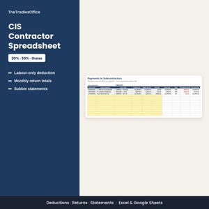 May include: A digital CIS Contractor Spreadsheet template featuring a dark blue sidebar with white text reading TheTradiesOffice, CIS Contractor Spreadsheet, 20% - 30% - Gross, and a table titled Payments to Subcontractors with yellow rows.