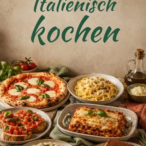 Puede incluir: Una portada de libro de cocina titulada 20 Lieblingsrezepte Italienisch kochen con el subtítulo Mediterran - Leidenschaftlich - Authentisch. La imagen muestra una variedad de platos italianos que incluyen pizza, pasta, lasaña, bruschetta, risotto y tiramisú.