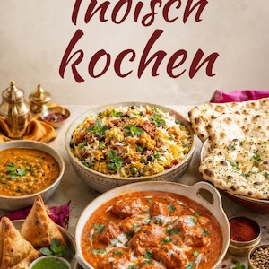Pode incluir: Uma capa de livro de culinária intitulada 20 Lieblingsrezepte Indisch kochen, apresentando uma variedade de pratos indianos, incluindo uma tigela de biryani de vegetais, um curry de frango laranja, um prato de chamuças com chutney verde e pão naan.