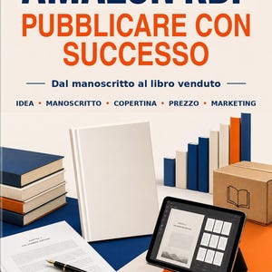 May include: A book cover titled AMAZON KDP PUBBLICARE CON SUCCESSO featuring a stack of books, a tablet displaying a document, a fountain pen on a white page, and a cardboard box. The text includes subheadings about manuscript and marketing.