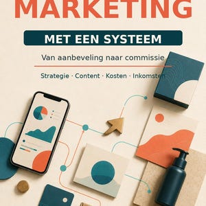May include: A graphic design featuring the text AFFILIATE MARKETING MET EEN SYSTEEM Van aanbeveling naar commissie Strategie Content Kosten Inkomsten Met sjablonen, voorbeelden en realistische rekentool with a smartphone, boxes, and a bottle.