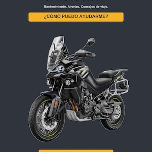 以下が含まれることがあります： 黒いCF MOTO 800 MTオートバイのマニュアル表紙。テキストは「EL MANUAL PRÁCTICO CF MOTO 800 MT, Mantenimiento. Averías. Consejos de viaje. ¿CÓMO PUEDO AYUDARME?, CONDUCE MÁS. ADIVINA MENOS. Edición 2026 | Carretera, viajes y grava.」と記載。