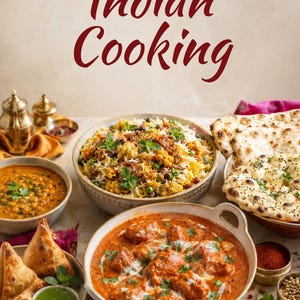 May include: A cookbook cover titled 20 Favorite Recipes Indian Cooking Aromatic - Spicy - Diverse featuring a spread of Indian dishes including a bowl of vegetable biryani, a bowl of chicken curry, samosas, naan bread, and small bowls of spices.