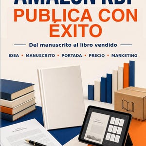 May include: A book cover titled AMAZON KDP PUBLICA CON EXITO with the subtitle Del manuscrito al libro vendido. The image features a stack of books, a blank white book, a tablet displaying digital pages, a fountain pen, and a small cardboard box.