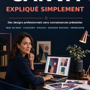 May include: A book cover titled CANVA EXPLIQUÉ SIMPLEMENT featuring a person working on a laptop displaying graphic designs. The cover includes text detailing design topics like layout, colors, fonts, social media, and printing, with a dark blue background.