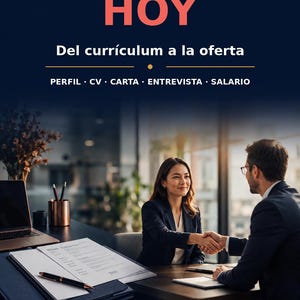Może przedstawiać: Profesjonalny dokument zatytułowany POSTULAR CON ÉXITO HOY Del currículum a la oferta PERFIL CV CARTA ENTREVISTA SALARIO, przedstawiający dwie osoby podające sobie ręce przy biurku z laptopem, dokumentami i długopisem w biurze.