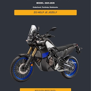 Puede incluir: Un manual titulado HET PRAKTIJKHANDBOEK YAMAHA TÉNÉRÉ 700 MODEL 2025-2026, que muestra una motocicleta de aventura negra y azul con horquillas delanteras doradas, parabrisas alto y neumáticos de tacos sobre un fondo gris oscuro.