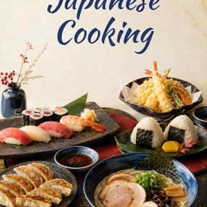 Op de afbeelding: Een kookboekcover met de titel 20 Favorite Recipes Japanese Cooking Clear - Refined - Full of Umami met een assortiment Japanse gerechten, waaronder sushi, tempura, onigiri, gyoza en een kom ramen met varkensvlees, ei en lente-ui.