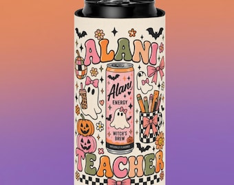 Porte-canette fin pour enseignant·e, idéal pour Halloween | Joli porte-canette rose fantôme et citrouille | Cadeau effrayant pour enseignant·e | Porte-canette pour la classe en automne