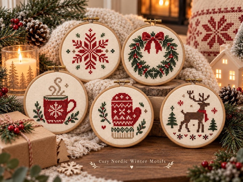 May include: Five circular wooden embroidery hoops containing cross-stitch patterns featuring a red snowflake, a green wreath with a red bow, a red mug with steam, a red patterned mitten, and a brown reindeer with a red scarf on cream fabric.