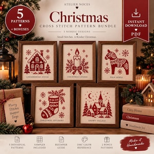 May include: A digital bundle of five Christmas cross stitch patterns featuring red Nordic designs on cream fabric. The set includes a gingerbread house, candle, Dala horse, stocking, and snowy village, all displayed in wooden frames with text.