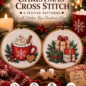 May include: Two circular wooden embroidery hoops containing Christmas cross stitch patterns. One hoop features a red mug with a snowflake, whipped cream, and a cinnamon stick. The other hoop displays a stack of three wrapped gift boxes with bows.