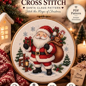 May include: A cross stitch pattern featuring Santa Claus holding a gift, with a sack containing a teddy bear and candy cane. The design includes snowflakes, pine trees, and a lantern. Text reads Atelier Noces, Christmas Cross Stitch, Santa Claus Pattern, Stitch the Magic of Christmas, PDF Pattern, Instant Download, DMC Colors, Beginner Friendly, High Quality, Merry Christmas.