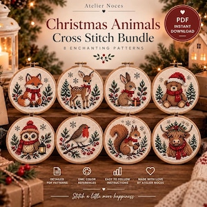 May include: A digital display of a Christmas Animals Cross Stitch Bundle by Atelier Noces, featuring eight circular embroidery hoops with stitched designs of a fox, deer, rabbit, bear, owl, robin, squirrel, and highland cow in winter settings.