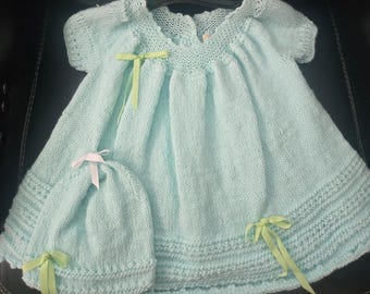 Handmade Baby Knit Dress and Cap Set, Mint Green, Scalloped Lace Hem