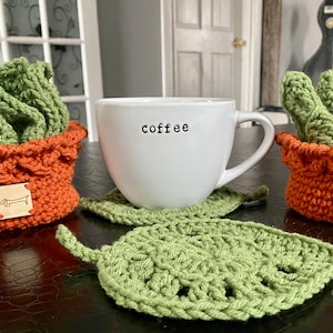 Crochet Flower Pot & Leaf Coaster Set