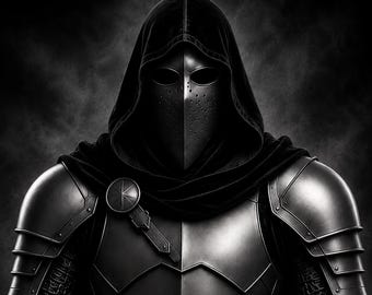 May include: A dark knight figure wearing a black hooded cloak and a metallic face mask with small perforations. The armour consists of polished silver-toned shoulder pauldrons and a chest plate, secured with a circular buckle and strap detail.