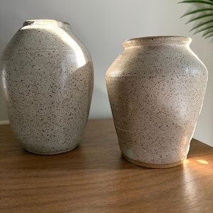 May include: Two ceramic vases with a speckled off-white glaze. The taller vase on the left has a rounded body and a narrow opening, while the shorter vase on the right features a wider, tapered shape with a distinct rim at the top opening.